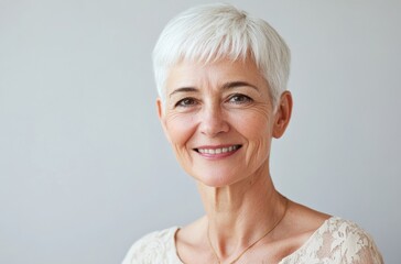 Fototapeta premium A beautiful elderly woman with short white hair smiles at the camera against a light gray background