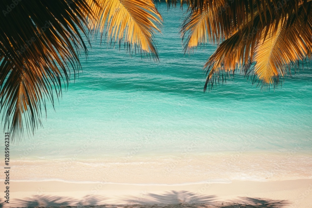 Poster beach scene with palm trees and ocean views, suitable for travel or leisure use