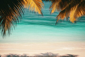 Fototapeta premium Beach scene with palm trees and ocean views, suitable for travel or leisure use