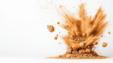 Dynamic explosion of dirt and soil particles scattering in the air from a pile of earth material