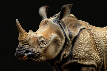 Obraz premium Close-up of an Indian rhinoceros, showcasing its thick skin, prominent horn, and detailed texture against a transparent background.