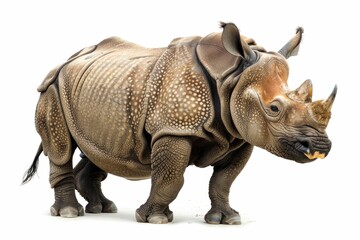 Obraz premium A majestic Indian rhinoceros, distinguished by its thick, textured skin and single horn, stands against a white background.