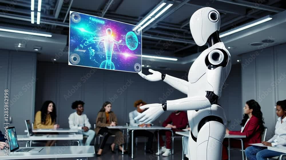 Poster advanced humanoid robot presenting anatomical hologram, engaging medical students during educational