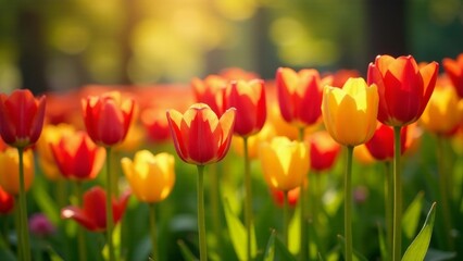 Fototapeta premium Vibrant Spring Blossoms in a Sunlit Garden, Displaying a Captivating Array of Red and Yellow Tulips