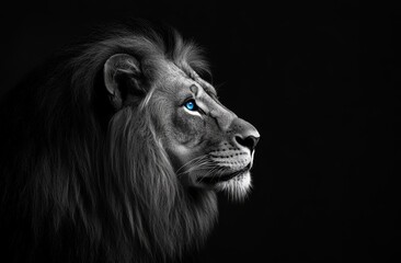 A lion in black and white with blue eyes, set against an all-black background © Nicolai