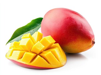 Fresh Mango Slices & Whole Mango, Isolated on White