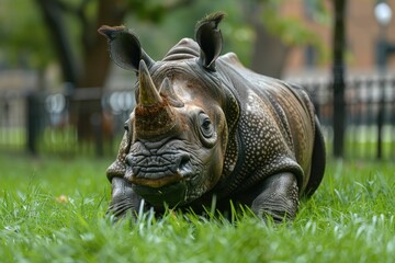 A young Indian rhinoceros grazes peacefully in a lush green field, showcasing its unique textured skin and powerful build.