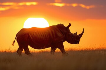 Fototapeta premium Silhouette of a rhinoceros walking through tall grass at sunset, sun behind the animal.