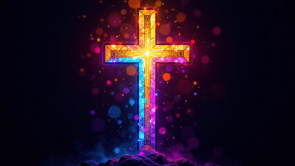 Multicolored cross with vibrant background symbolizing faith and diversity.