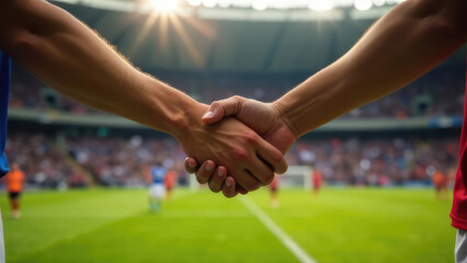Two soccer players shake hands on the field before a match, demonstrating sportsmanship. Concept of fair play.

