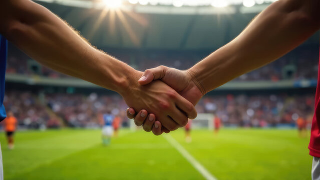 Two soccer players shake hands on the field before a match, demonstrating sportsmanship. Concept of fair play.