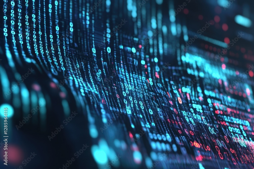 Poster digital waves of binary code flow through a virtual landscape, reflecting the essence of modern tech