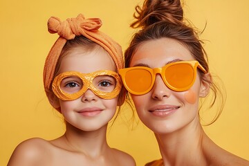 Mother and daughter, woman and child with sunscreen on their faces. Sun safety for summer, sun protection factor, skincare, SPF cosmetology, and beauty concept with copy space.