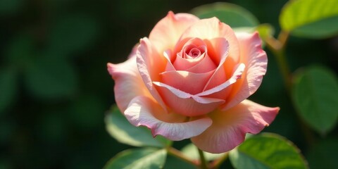 A Delicate Peach Rose Blossom in Soft Sunlight, Its Petals Unfurling Gracefully Amidst Lush Green Foliage