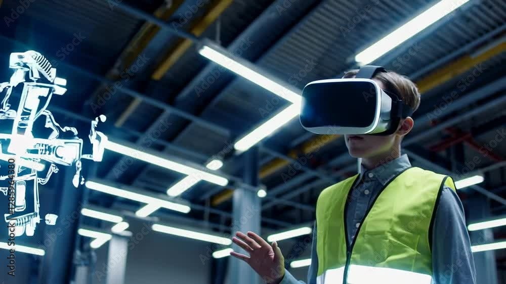 Poster industrial manufacturing facility, engineer wearing vr headset interacting with projected 3d model o