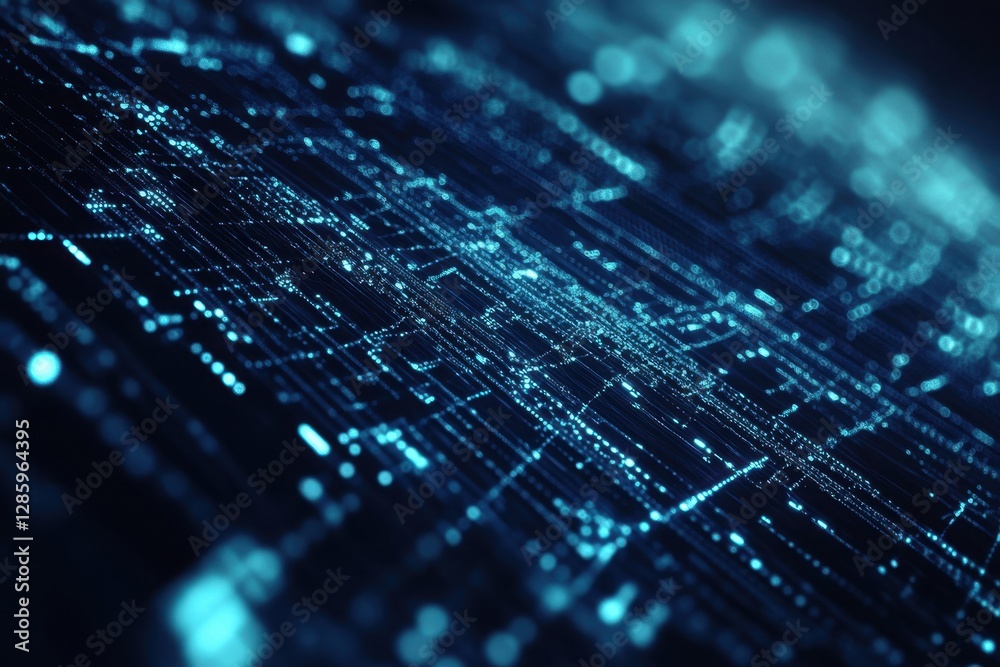 Poster exploring a vibrant network of data points illuminated in blue light during a technological dawn. ge