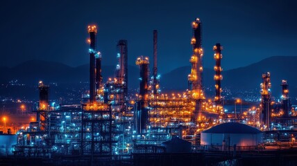 Night view of a brightly illuminated oil and gas refinery, showcasing industrial brilliance against a dark sky.