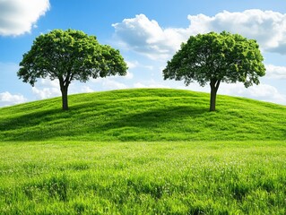 Fototapeta premium Rolling green hills with twin trees under bright blue sky in picturesque countryside landscape representing tranquility and nature’s harmony