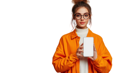 Young woman wearing orange jacket showcases smartphone in minimalist setting, highlighting personal style and modern technology