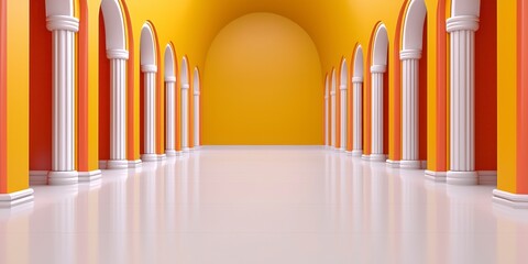 Obraz premium Long corridor with columns and arches in a futuristic retail warehouse featuring a sleek electronic grid design