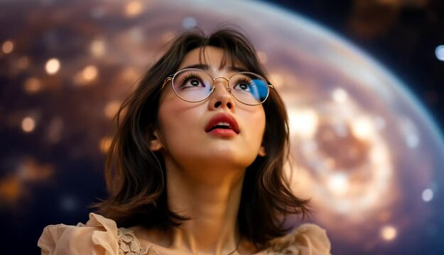 ファンタジーストーリー（無限の宇宙に感動を感じながら、プラネタリウムで過ごす女性）