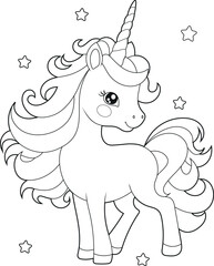 Black and white printable Unicorn coloring pages for kids. Children's coloring books with cute unicorn cartoon characters, fun and educational materials for kindergarten.

