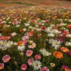 A large field of flowers is spread out on the grass