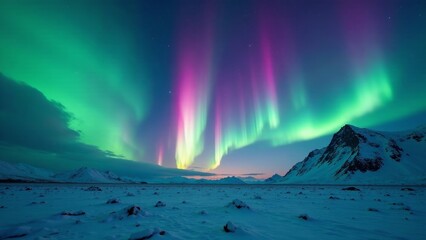 A Celestial Symphony of Northern Lights Illuminating a Snowy Mountain Range Under a Starry Sky