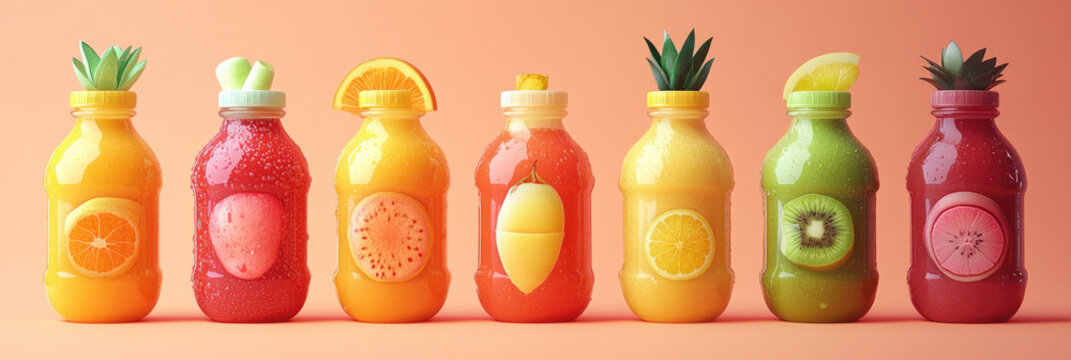 Colorful bottles filled with fresh fruit and vegetable juice or smoothie.