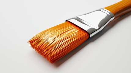 Fototapeta premium Close-up of a high-quality paintbrush with orange bristles and metallic ferrule on a white background