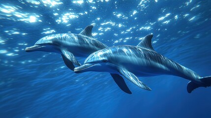 Obraz premium Two dolphins swimming underwater, sunlight through water