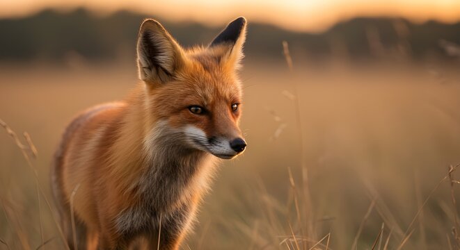Majestuoso zorro rojo en un campo de oro al atardecer - primer plano