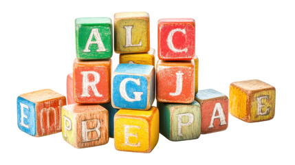 Colorful wooden building blocks arranged on a white surface with letters facing outward for educational play and creativity enhancement