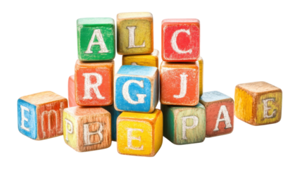 Colorful wooden building blocks arranged on a white surface with letters facing outward for educational play and creativity enhancement