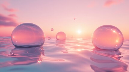 Floating transparent spheres reflecting a beautiful sunset scenery on water