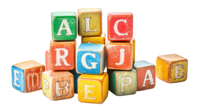 Colorful wooden building blocks arranged on a white surface with letters facing outward for educational play and creativity enhancement