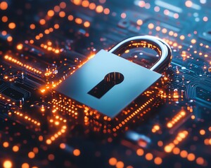 Digital padlock with keyhole icon on a tech background, advanced encryption system, cybersecurity technology, securing data in the digital world, futuristic interface design