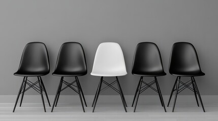White chair as the unique focus in black chair lineup, sleek grey background, 3D render, business concept