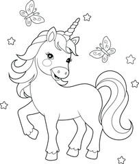 Black and white printable Unicorn coloring pages for kids. Children's coloring books with cute unicorn cartoon characters, fun and educational materials for kindergarten.
