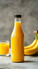 On a light blue background is a bottle of banana juice. On the bottle is an empty label and space for an inscription, next to it is a glass of juice and a banana.Vertical photo