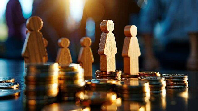 Wooden family figures on stacks of coins, community support,  sunlit background