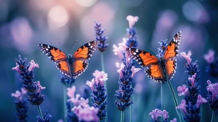 Two Monarch Butterflies on Lavender in a Sunlit Field