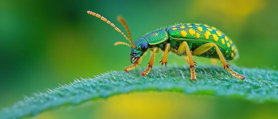 Naklejka premium Vibrant green stem with a colorful larva crawling along it, detailed macro shot showing the insect in nature, with a blurred background of the garden