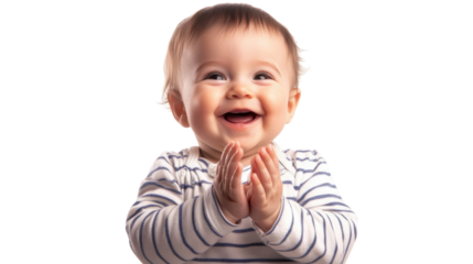 Baby shares joyful moment, clapping hands with a big smile while wearing a striped shirt against a plain background