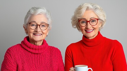 Two elderly women in red sweaters sharing a coffee in a warm cafe setting with a cozy atmosphere