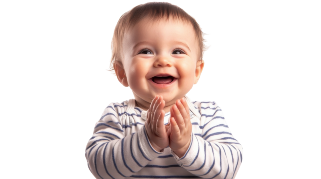 Baby shares joyful moment, clapping hands with a big smile while wearing a striped shirt against a plain background