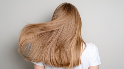 Fototapeta premium Woman with flowing blonde hair against plain background. Possible use Hair salon, beauty product advertisement