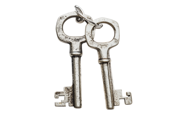 Two Antique Silver Skeleton Keys On Transparent Background