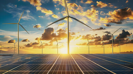 Fototapeta premium Expansive view of solar panels and wind turbines under a vibrant sunset sky in a renewable energy landscape