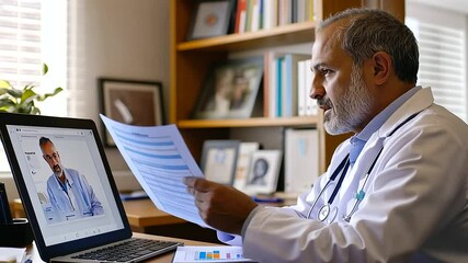 A compassionate doctor conducts a virtual consultation from a cozy home office setting.